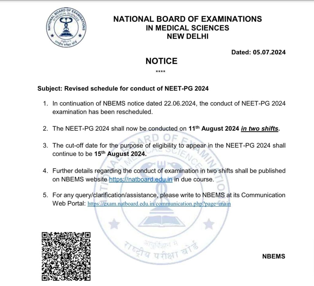 Revised schedule for conduct of NEET-PG 2024